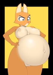 1girls absurd_res big_breasts bodily_fluids breasts canid canine diane_foxington dreamworks female female_only fox fur genitals hi_res lactating mammal milk orange_body orange_fur piercing pink_nose pr-egg-nant pregnant pregnant_female pussy simple_background solo the_bad_guys