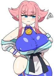 1girls bangs big_breasts blue_eyes clothed_female light-skinned_female manon_legrand medallion nipple_bulge notnoe_(dxcl) pink_hair street_fighter street_fighter_6 sweat thick_thighs white_background