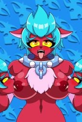 1girls 3_heads ahe_gao alternate_version_available blue_hair brawl_stars collar conjoined floppy_ears gabviz head_hands multi_head nipple_licking red_skin rule_63 tick_(brawl_stars)