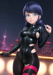 1girls ai_generated big_breasts blue_eyes blue_hair bodysuit detailed_background female female_only longjohnsingleduct marinette_cheng marinette_dupain-cheng miraculous_ladybug public ripped_bodysuit ripped_clothing skintight solo wardrobe_malfunction