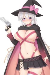 1girls ayachi_nene belly_button belt_bondage belts big_breasts blush breasts cape eyebrows_visible_through_hair female female_only gun hair_ornament hat light-skinned_female light_skin looking_at_viewer necklace purple_eyes sanoba_witch simple_background solo weapon white_background white_hair witch witch_hat yunagi1373 yuzu-soft