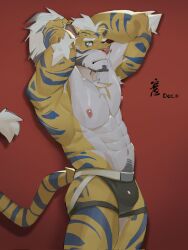 abs anthro areola bulge clothing felid heterochromia hi_res jockstrap looking_at_viewer male mammal munax_od muscular muscular_male nipples pantherine pubes simple_background solo striped_body stripes tail tiger tying_hair underwear