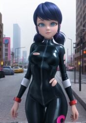 1girls ai_generated big_breasts blue_eyes blue_hair bodysuit detailed_background female female_only longjohnsingleduct marinette_cheng marinette_dupain-cheng miraculous_ladybug public ripped_bodysuit ripped_clothing shiny skintight solo