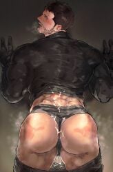 1boy ass ass_focus back bara black_gloves black_hair black_male_underwear black_pants black_shirt blush chris_redfield clothes_pull cum cum_on_boy facial_hair gay gloves highres implied_yaoi kuconoms male_focus male_only male_underwear muscular muscular_male open_mouth pants pants_pull resident_evil resident_evil_8:_village shirt short_hair solo solo_male thick_thighs thighs thong underwear