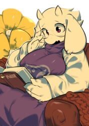 1girls anthro anthro_only aspirindabaitu big_breasts book breasts clothed female female_anthro female_only reading_book sitting_on_couch sitting_on_sofa solo solo_female toriel undertale undertale_(series)