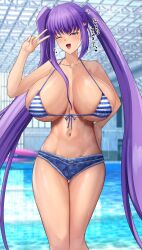 1girls alternate_hairstyle bb_(fate) bikini breasts cleavage fate/grand_order fate_(series) female huge_breasts light-skinned_female light_skin long_hair purple_eyes purple_hair sirosoil smile twintails two_tone_hair