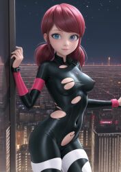 1girls ai_generated big_breasts blue_eyes bodysuit detailed_background female female_only longjohnsingleduct marinette_cheng marinette_dupain-cheng miraculous_ladybug partially_nude pokies public purple_hair red_hair ripped_bodysuit ripped_clothing skintight solo solo_female torn_bodysuit torn_clothes visible_nipple wardrobe_malfunction