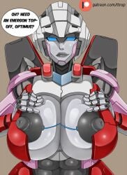 1girls 2d 2d_(artwork) abs arcee arcee_(rotb) autobot big_breasts blue_eyes breasts busty dialog dialogue english_text erect_nipples female female_autobots female_only giant_breasts gray_nipples grey_nipples holding_own_breasts huge_breasts humanoid looking_at_viewer nipples patreon_username presenting_breasts robot robot_girl solo solo_female speech_bubble transformers transformers_rise_of_the_beasts ttrop white_body