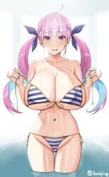 1girls alternate_breast_size bikini blush breasts cleavage embarrassed female handplug hololive hololive_gen_2 hololive_japan huge_breasts light-skinned_female light_skin long_hair minato_aqua pink_hair virtual_youtuber