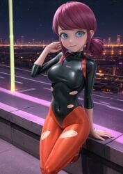 1girls ai_generated big_breasts blue_eyes bodysuit detailed_background female female_only longjohnsingleduct marinette_cheng marinette_dupain-cheng miraculous_ladybug public purple_hair ripped_bodysuit ripped_clothing skintight smile solo torn_bodysuit torn_clothes