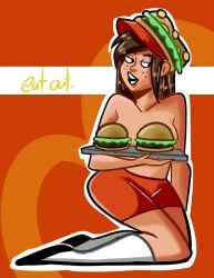 1girls brown_hair burger burger_hat dan_vs. dark_brown_hair female_only freckles freckles_on_face hortense human_only long_hair topless