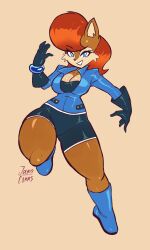 1girls blue_clothing blue_eyes boots bracelet brown_fur cleavage clothing female female_only fur furry furry_only gloves jamoart looking_at_viewer mullet red_hair sally_acorn shorts simple_background smirk smirking smirking_at_viewer solo_female sonic_(series) squirrel tight_clothing watermark