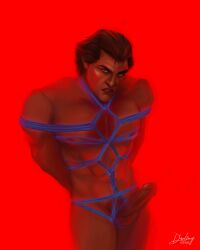 angry_face bondage boner brown_hair darlingafterdark erection kinbaku male male_only marvel miguel_o'hara penis red_background red_eyes rope rope_bondage self_upload solo solo_male spider-man:_into_the_spider-verse spider-man_(series) tied_up