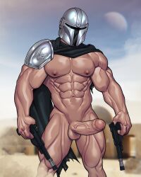 balls_out blaster blaster_pistol buff cape din_djarin erection helmet male mandalorian masked muscular naked penis_out six_pack solo_male star_wars the_mandalorian uncut_penis veins