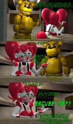 1boy 3d 3d_(artwork) angry animatronic animatronic_female animatronic_girl arguing argument baby_(fnafsl) black_bowtie black_top_hat bowtie bra circus_baby circus_baby_(fnaf) dialogue elizabeth_afton female five_nights_at_freddy's five_nights_at_freddy's:_sister_location gangstergoj12k5 golden_freddy golden_freddy_(fnaf) green_eyes haunted male not_porn possessed red_hair sister_location story text top_hat twintails ultimate_custom_night white_body white_pupils yellow_fur