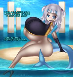 1girls arms_down bad_anatomy beach bimbofication bitten_tail black_clothing black_gloves blue_tail cleavage english english_dialogue english_text exposed_ass exposed_legs exposed_thighs fangs feet feet_in_water female gawr_gura gloves happy hololive hololive_english hololive_myth hourglass_figure huge_ass huge_breasts legs_in_water lycra nirriti ocean pawg pillar pillars pillow_shading sand shark_girl shark_tail shark_teeth side_view smirking smirking_at_viewer solo spandex stitches text thick_thighs underboob underwater virtual_youtuber vtuber vtuberfanart water white_hair white_skin