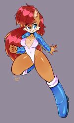 1girls 2023 absurd_res anthro anthro_only archie_comics artist_signature belly_button belly_button_visible_through_clothing big_breasts blue_boots blue_eyes blue_jacket blush blushing_at_viewer boots breasts brown_fur cleavage exposed_legs eyelashes eyeliner female female_only fur furry furry_only heels hi_res jacket jamoart leotard long_hair looking_at_viewer makeup red_hair sally_acorn sega simple_background smiling solo solo_female sonic_(series) sonic_the_hedgehog_(archie) sonic_the_hedgehog_(comics) sonic_the_hedgehog_(series) squirrel squirrel_humanoid tail thick_thighs very_long_hair watermark white_leotard wide_hips