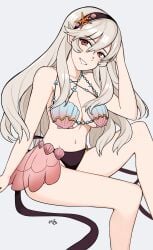 1girls absurdres alternate_costume artist_name bikini black_bikini black_hairband blonde_hair breasts cleavage corrin_(female)_(fire_emblem) corrin_(fire_emblem) corrin_(fire_emblem)_(female) female female_only fire_emblem fire_emblem_cipher fire_emblem_fates hair_ornament hairband hand_on_own_head hi_res highres kgctcg large_breasts long_hair looking_at_viewer nintendo official_alternate_costume pointy_ears red_eyes shell shell_bikini smile solo swimsuit watermark white_hair