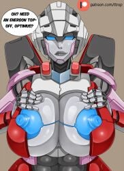 1girls 2d 2d_(artwork) abs arcee arcee_(rotb) autobot big_breasts blue_eyes blue_nipples breasts busty dialog dialogue english_text erect_nipples female female_autobots female_only giant_breasts holding_own_breasts huge_breasts humanoid looking_at_viewer nipples patreon_username presenting_breasts robot robot_girl solo solo_female speech_bubble transformers transformers_rise_of_the_beasts ttrop white_body