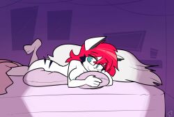 1girls 2022 anthro areola_slip areolae bed blue_areola blue_eyes breasts buxy_xyz female female_only fluffy_tail original original_character pillow red_hair solo solo_female stripes tail white_fur