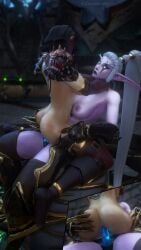 2girls 3d anal_insertion ass_grab athletic_female big_ass big_breasts black_hair blizzard_entertainment blue_eyes elf human maiev_shadowsong night_elf partially_clothed purple_skin short_hair spank_marks spanking strap-on thick_thighs thighhighs vanessa_vancleef warcraft white_hair world_of_warcraft yuri zentaeron