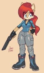 1girls 2023 anthro archie_comics blue_eyes boots breasts brown_body brown_fur capcom clothed clothing female female_only fingerless_gloves firearm footwear fur furry furry_only gloves gun handgun handwear jamoart jeans jill_valentine jill_valentine_(cosplay) pistol ponytail red_hair resident_evil revolver sally_acorn sega simple_background solo solo_female sonic_(series) sonic_the_hedgehog_(archie) sonic_the_hedgehog_(comics) sonic_the_hedgehog_(series) squirrel squirrel_ears squirrel_humanoid standing watermark weapon