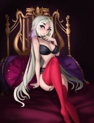 1girls bed bedroom black_lingerie cleavage edelgard_von_hresvelg female female_only fire_emblem fire_emblem:_three_houses fraudulenttaco hair_ornament hair_ribbon hi_res highres large_breasts lingerie nintendo pillow purple_eyes sitting sitting_on_bed solo stockings thighs white_hair