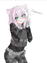 1girls animal_ear_fluff animal_ears anti_(phantom_forces) belt camo_print camouflage camouflage_pants cat_ears cat_girl catgirl duty_belt ear_tufts eyebrows eyebrows_visible_through_hair fair-skinned_female fair_skin green_eyes halamangtinapay happy military name_tag patch phantom_forces plate_carrier roblox roblox_game robloxian smiling smiling_at_viewer tactical_gear tagme tagme_(artist) white-skinned_female white_hair white_skin white_skinned_female