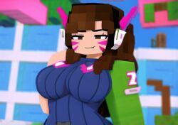 1girls 3d ai_generated blurry_background bodysuit clothed d.va female female_only large_breasts longjohnsingleduct minecraft overwatch solo