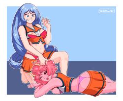 2girls ashido_mina blue_hair bra cheerleader cheerleader_uniform crying crying_with_eyes_open face_down_ass_up hadou_nejire kneeling lying lying_down lying_on_stomach mina_ashido multiple_girls my_hero_academia nejire_hado nipples pink_hair submission submissive teasing thong torn_clothes torn_clothing u.a._cheerleader_outfit vesna_art