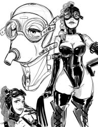 1girls black_and_white bodysuit braided_hair breathing_mask breathplay commander_rab corset female goggles kat_(layerindustries) latex layerindustries mask scketch solo_female thigh_high_boots