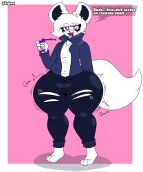 1boy 4_fingers anthro clothed clothing dorian_(zeglo-official) expansion eyelashes furry growth highres jacket juice liquid oc original_character pants paws pink_background pink_eyes ripped_clothing ripped_pants solo starry_eyes tail text text_bubble thick_ass thick_thighs white_body white_fur white_hair white_tail zeglo-official