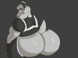 anthro ass big_butt canid canine canis clothed clothing crossdressing dogamy domestic_dog fur gloves handwear hi_res huge_butt legwear looking_back maid_uniform male male_only mammal sbeve_wagon simple_background solo surprised_expression thick_thighs topwear undertale undertale_(series) uniform