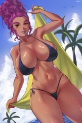 1girls beach brown_eyes dark-skinned_female oc original purple_hair swimsuit towel ultrabinou watermark