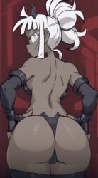 1girls 2023 ai_generated ass big_ass dark-skinned_female demon demon_girl female helltaker helltaker_(style) horned_female horned_humanoid horns judgement_(helltaker) skimpy thick_thighs thighhighs thong white_eyes white_hair wide_hips