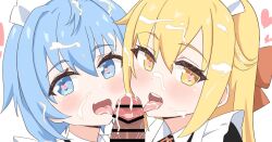 1boy 2girls apron bar_censor black_dress blonde_hair blue_eyes blue_hair censored collaborative_fellatio commentary cooperative_fellatio cropped cum cum_in_mouth cum_on_tongue dress facial fellatio frilled_apron frills hair_between_eyes heart heart_in_eye junes kantai_collection licking licking_penis looking_at_viewer maid maid_apron maid_headdress minazuki_(kantai_collection) multiple_girls oerba_yun_fang open_mouth oral paid_reward_available penis satsuki_(kantai_collection) simple_background skin_fang symbol_in_eye teamwork teeth tongue tongue_out upper_teeth_only white_apron white_background yellow_eyes