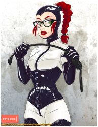 black_corset black_latex braided_hair commander_rab corset female femdom glasses green_eyes horse_crop kat_(layerindustries) latex latex_gloves layerindustries opera_gloves red_hair red_lips riding_crop shiny whip white_latex