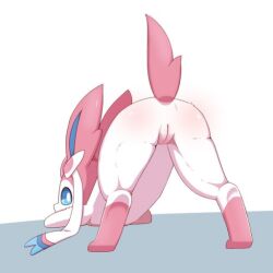 ass blue_eyes butt eyes face_down_ass_up female feral jack-o'_pose looking_at_viewer looking_back looking_back_at_viewer open_legs pink_ears pink_fur pink_pussy pink_tail pussy ribbon ribbons sum sylveon tail white_fur