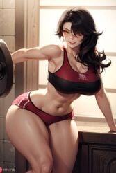 abs ai_generated big_ass big_breasts black_hair cinder_fall cleavage curvaceous curvy curvy_female curvy_figure eyes female female_only huge_ass huge_breasts large_ass large_breasts light-skinned_female light_skin looking_at_viewer muscular_arms muscular_female nai_diffusion rooster_teeth rwby short_shorts shorts smile smiling solo solo_female sports_bra stable_diffusion standing tank_top thick thick_thighs toned_female transformationwitch voluptuous voluptuous_female weightlifting weights wide_hips workout_clothes