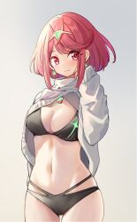 1girls bikini bikini_under_clothes black_bikini black_swimsuit breasts core_crystal earrings large_breasts looking_at_viewer midriff navel nintendo pyra red_eyes red_hair scarlet_dango short_hair sweater sweater_lift swimsuit swimsuit_under_clothes tiara white_sweater xenoblade_(series) xenoblade_chronicles_2