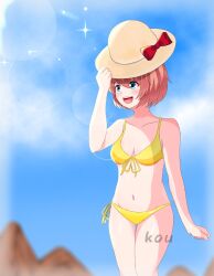 1girls artist_name bikini bikini_bottom bikini_top blue_eyes blush blushing bow breasts cleavage doki_doki_literature_club female female_only girl hair_bow hairbow hat just_sayori kkflick mouth_open open_mouth red_bow red_hair_bow red_hairbow sayori_(doki_doki_literature_club) sayorilewds solo solo_female solo_focus strawberry_blonde_hair yellow_bikini yellow_bikini_bottom yellow_bikini_top