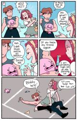 1boy 1female 1girls 1male 5_panel_comic blobby_and_friends blobby_the_blobfish charlie_(blobby_and_friends) comic english_text female gay_male gay_with_woman handsome holding_knife holding_object holding_weapon knife motion_lines panties rape reverse_rape source_request speech_bubble stud sweat sweating text text_bubble unknown_artist unknown_source weapon