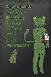 anthro balls doctorlimbs domestic_cat felid feline felis fur genital_piercing genitals green_balls green_body green_eyes green_fluid green_fur green_penis green_text hindpaw male mammal paws penis penis_piercing piercing solo solo_focus stiches tail text