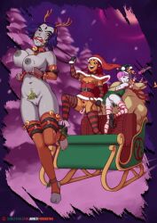 bit_gag bondage christmas dc dc_comics female_only femdom femsub forkedtail jinx_(dc) lezdom ponyplay pulling_sleigh rachel_roth raven_(dc) reindeer_antlers sleigh starfire teen_titans yuri