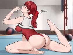 1girls ass atlus best_girl breasts bubble_butt female flexible gymnastics indoors kasumi_yoshizawa large_ass large_breasts leotard lepypepy light-skinned_female long_hair megami_tensei persona persona_5 persona_5_royal ponytail red_eyes red_hair stretching sumire_yoshizawa thighs