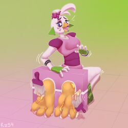 1:1 absurd_res animatronic anthro beak bound cheese chica_(fnaf) clothed clothing eyelashes feet_tied female five_nights_at_freddy's glamrock_chica_(fnaf) gradient_background hi_res kneeling machine open_mouth pink_body pink_clothing purple_eyes robot rz54 scottgames signature simple_background solo tickling tickling_feet