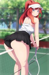 1girls absurdres ahoge artist_name asobi_night ass back big_ass black_panties black_skirt blue_eyes blush female flat_cap from_behind go-toubun_no_hanayome hat highres holding holding_racket huge_ass long_hair looking_at_viewer looking_back nakano_itsuki net panties racket rear_view red_hair rope_walking shirt skirt sleeveless sleeveless_shirt straddling_object tennis_court tennis_net tennis_racket thick_thighs thighs underwear visor_cap white_headwear wide_hips