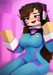 1girls 3d ai_generated blizzard_entertainment bodysuit clothed d.va female female_only hana_song large_breasts longjohnsingleduct minecraft mojang overwatch simple_background smile solo solo_female