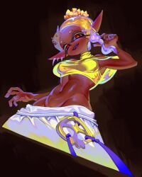 1girls 2023 99933g abs armpit_peek bedroom_eyes breasts clothed_female dark-skinned_female dark_skin deep_cut_(splatoon) female female_only fit fit_female frye_(splatoon) hair_ornament inkling inkling_girl looking_at_viewer looking_down midriff open_mouth piercings seductive seductive_look seductive_smile smile solo solo_female solo_focus splatoon splatoon_(series) splatoon_3 tentacle_hair thin thin_female yellow_hair