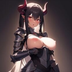 1girls 2023 ai_generated anime_nose armor big_breasts black_armor black_hair breasts breasts_out demon demon_girl demon_horns elf_ears horned_female horned_humanoid horns multicolored_hair red_eyes red_horns sophiapolitan topless undercolor_(hair) white_hair